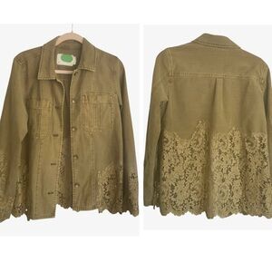 Anthropologie Army Green Cotton Utility Jacket Feminine Lace Inset Detail SZ S